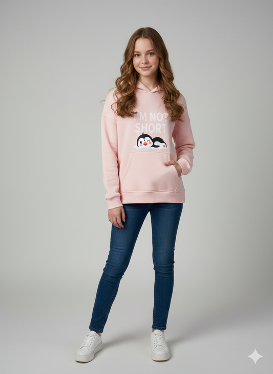 Cozy Light Pink Hoodie with Cuddling Penguin Design